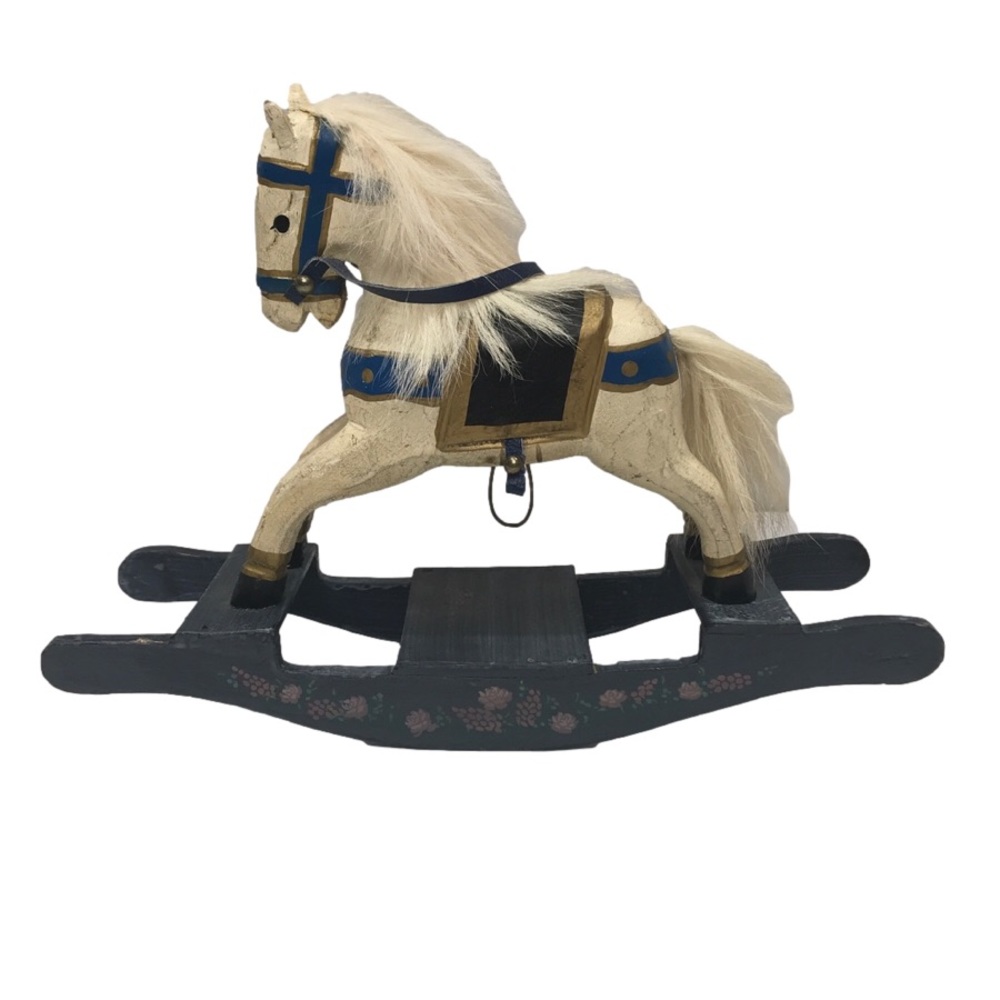 Vintage Shabby Chic Small Wooden Rocking Horse With Real Fur Mane